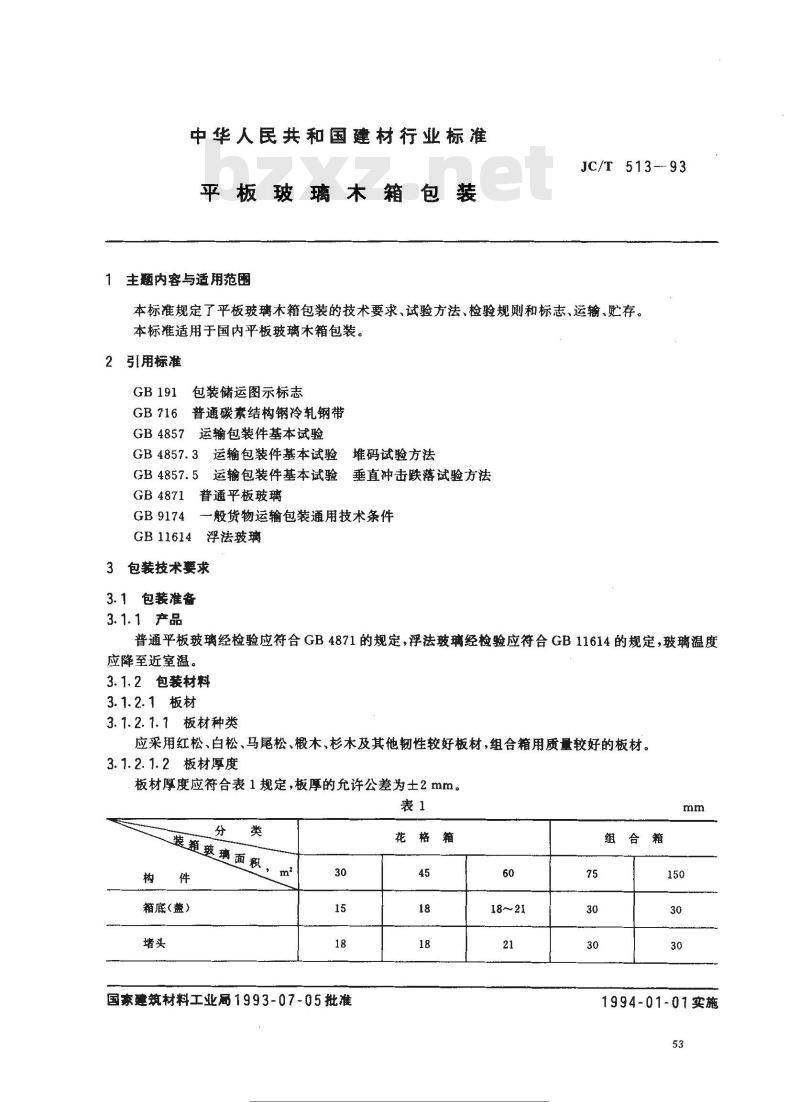 JC/T 513-1993 平板玻璃木箱包装