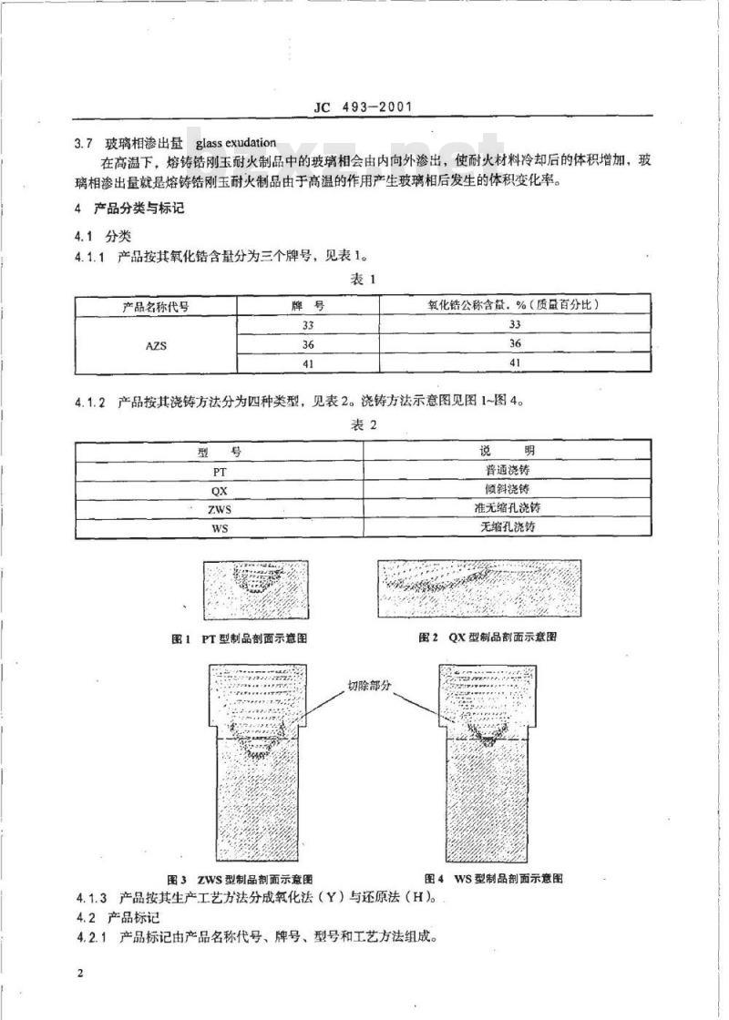 JC 493-2001 玻璃熔窑用熔铸锆刚玉耐火制品