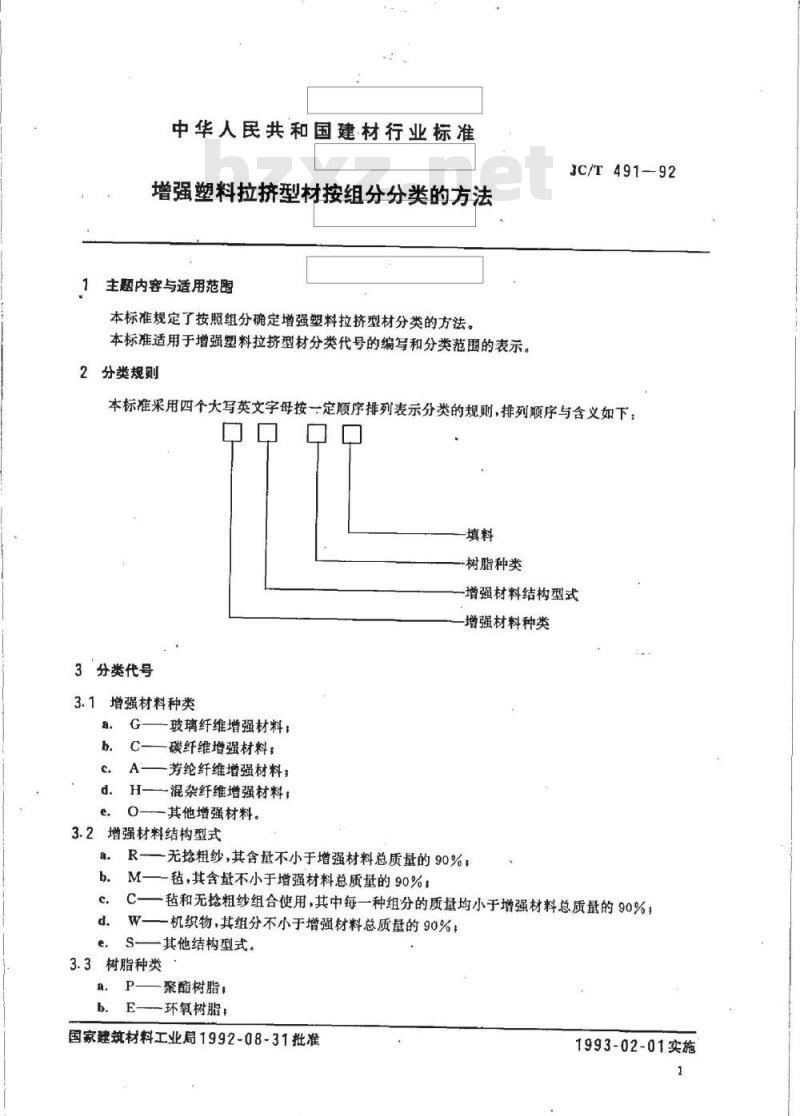JC/T 491-1992 增强塑料拉挤型材按组份分类的方法