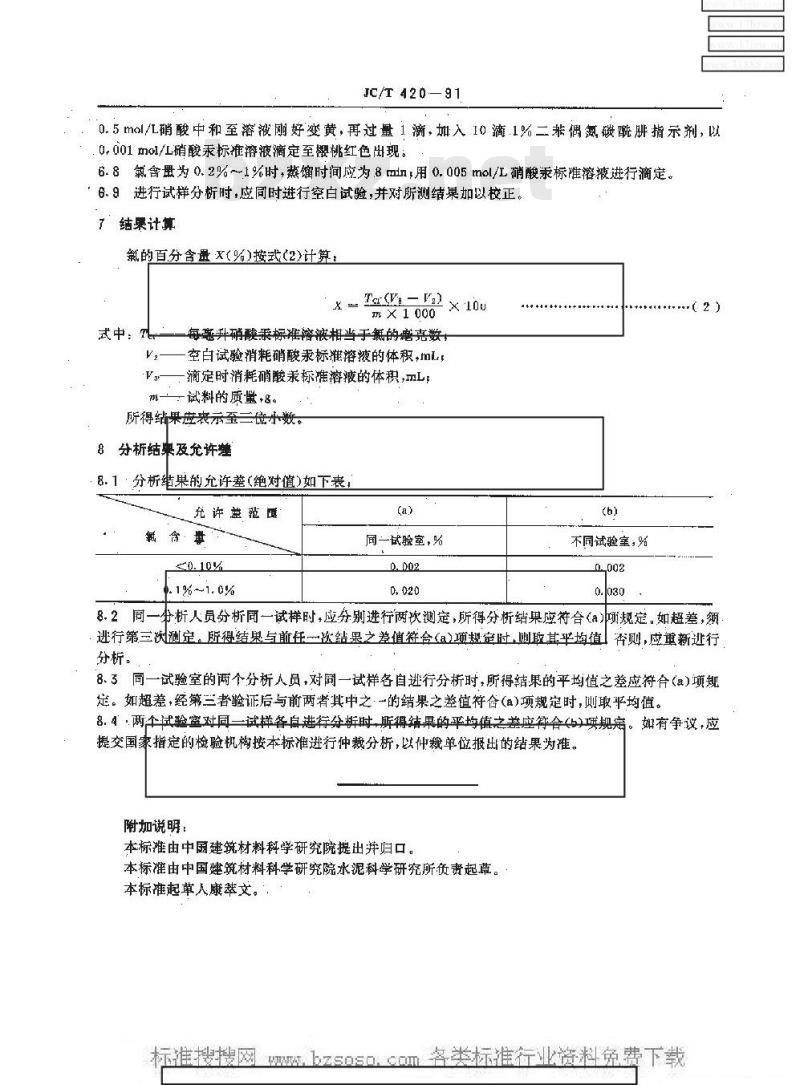 JC/T 420-1991 水泥原料中氯的化学分析方法