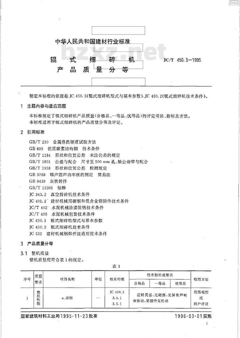 JC/T 450.3-1995 辊式细碎机产品质量分等
