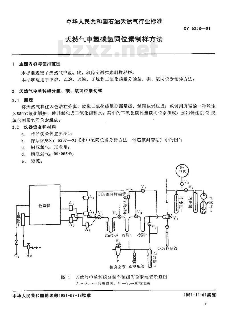 SY 5238-1991 天然气中氢碳氧同位素制样方法