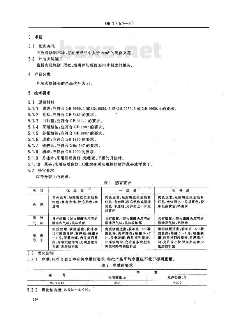 QB 1352-1991 片装火腿罐头