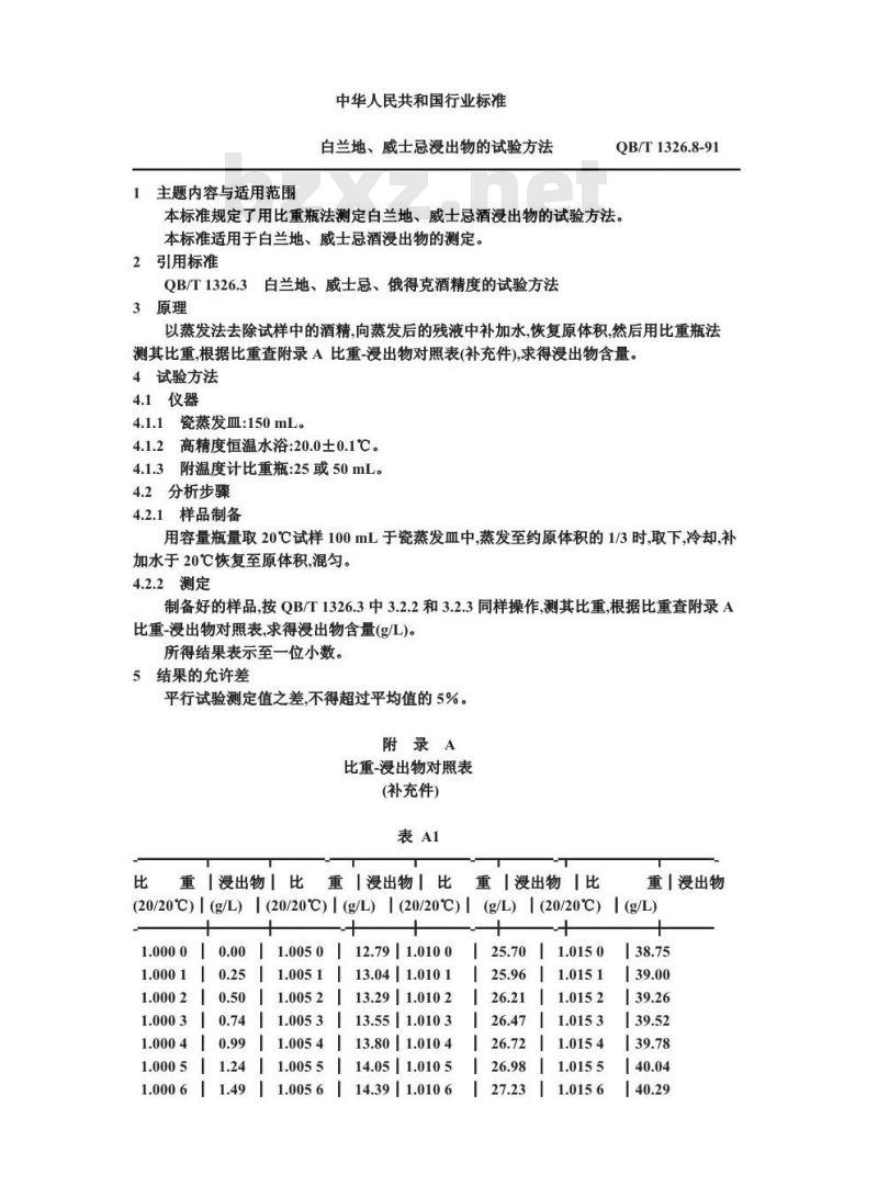QB/T 1326.8-1991 白兰地,威士忌浸出物的试验方法