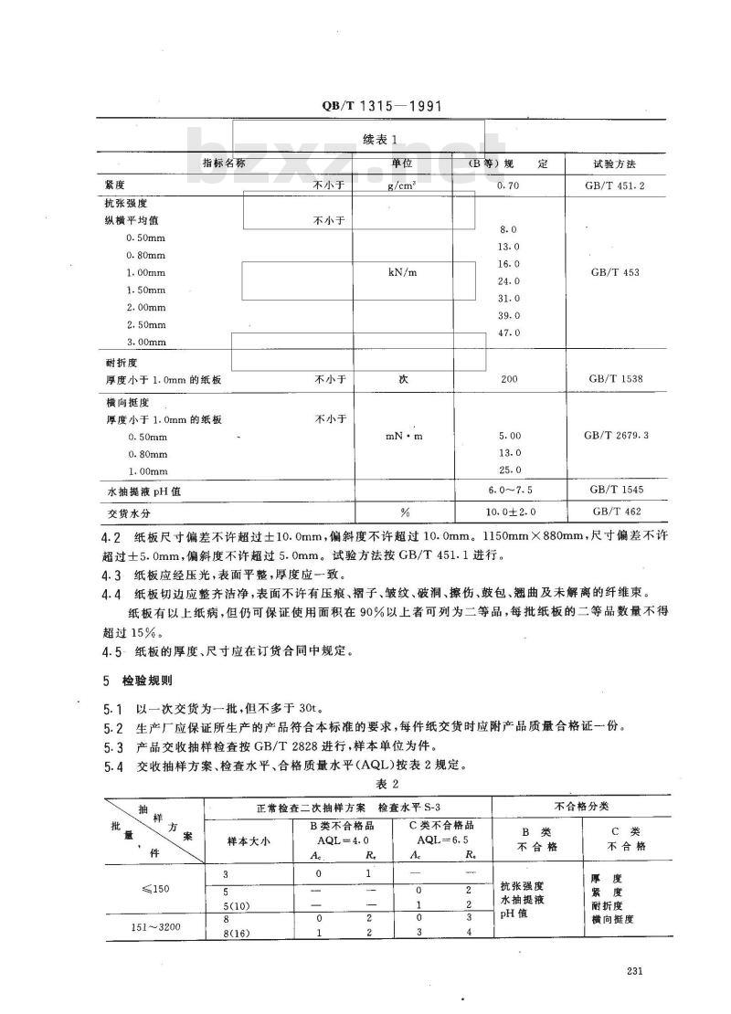 QB/T 1315-1991 厚纸板