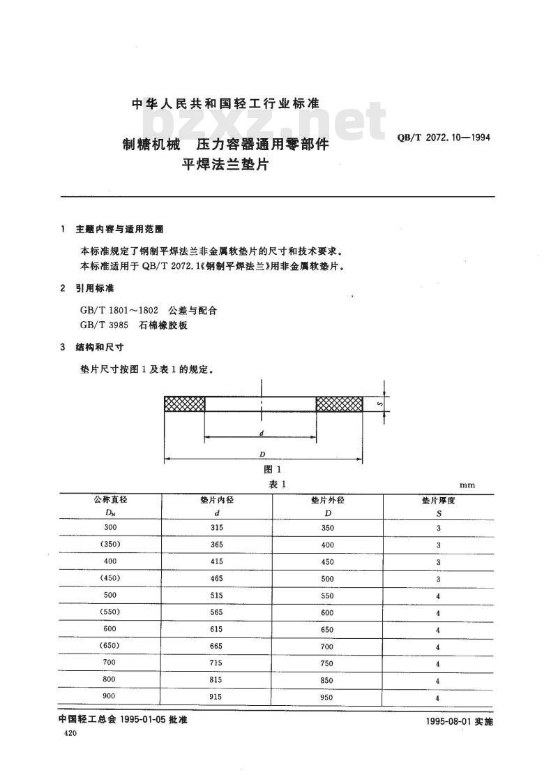QB/T 2072.10-1994 制糖机械压力容器通用零部件平焊法兰垫片