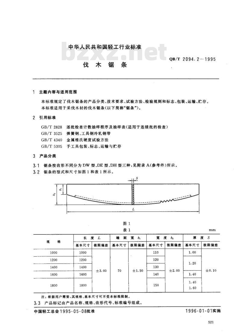 QB/T 2094.2-1995 伐木锯条