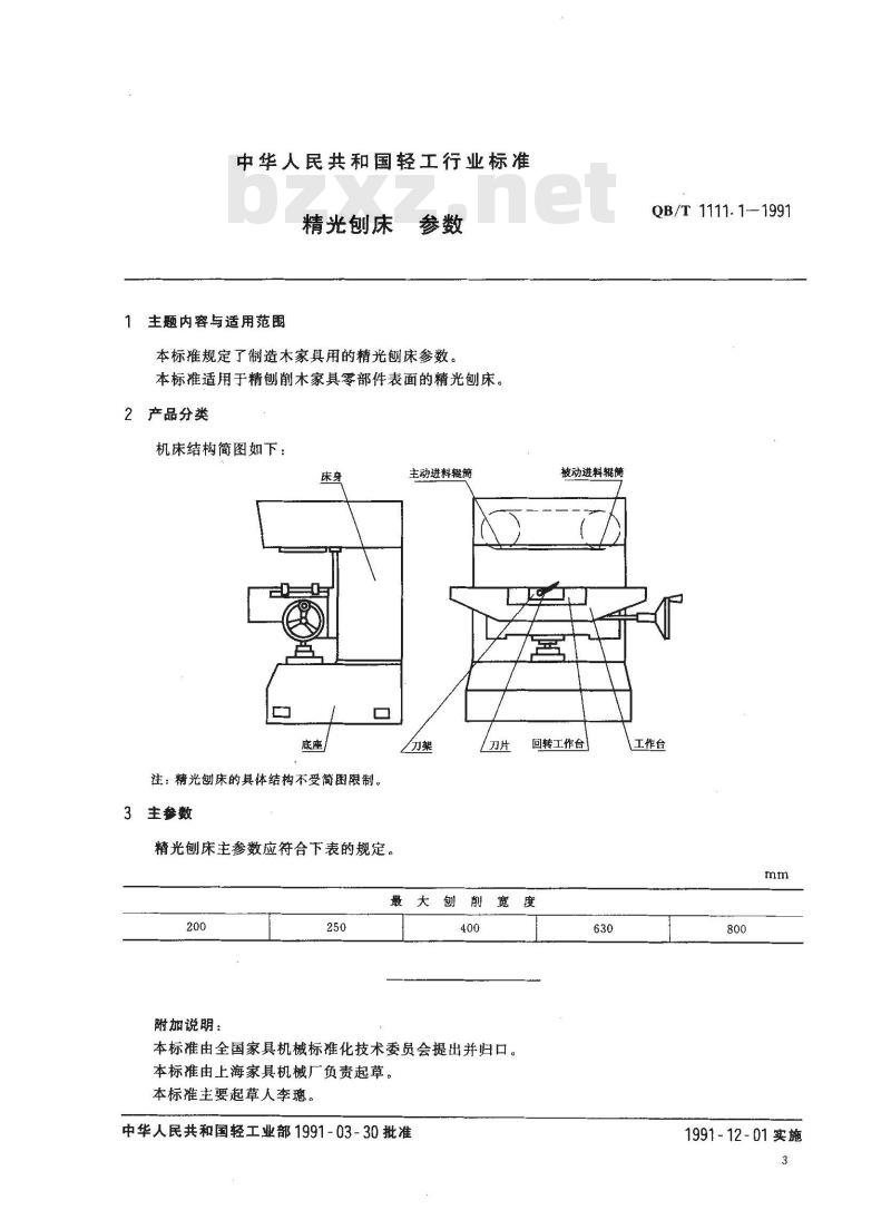 QB/T 1111.1-1991 精光刨床参数