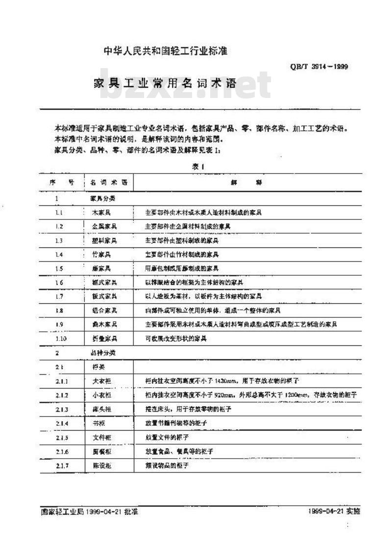 QB/T 3914-1999 家具工业常用名词术语