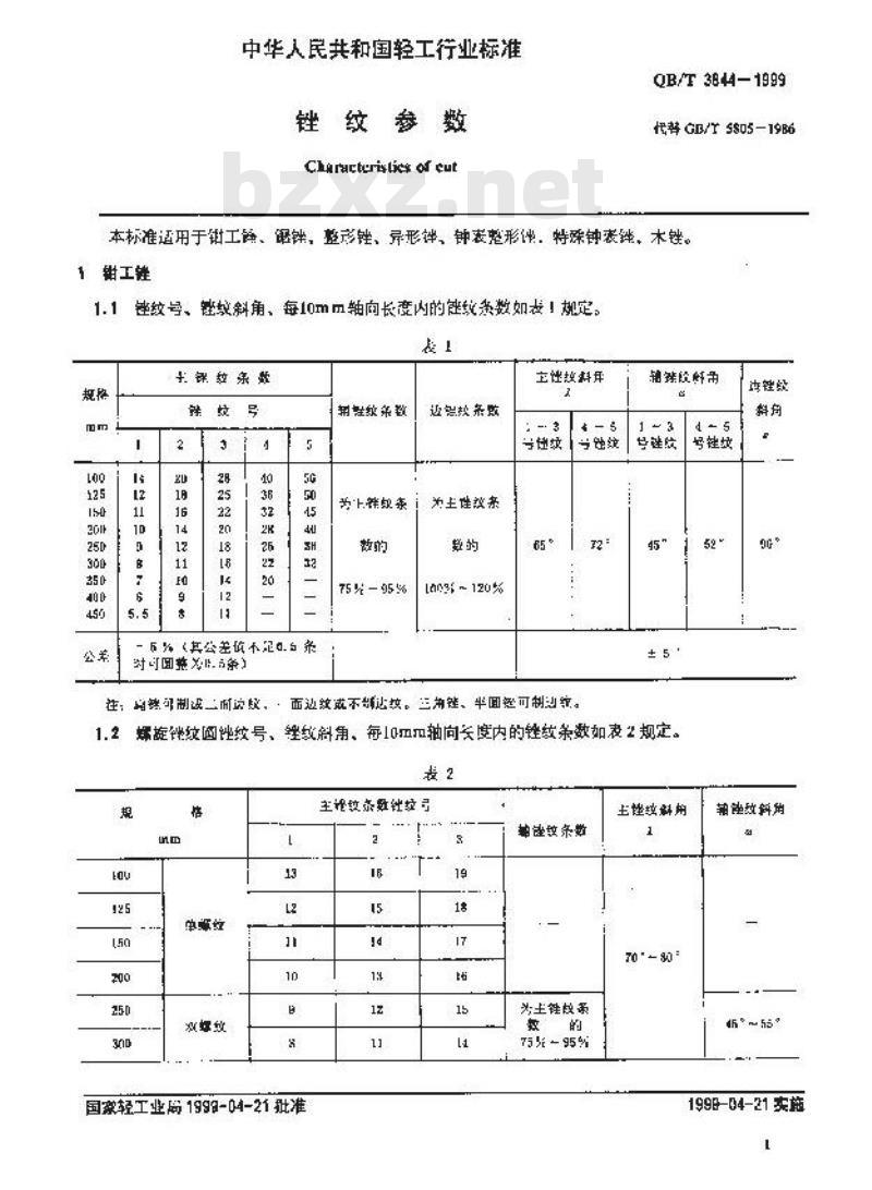 QB/T 3844-1999 锉纹参数