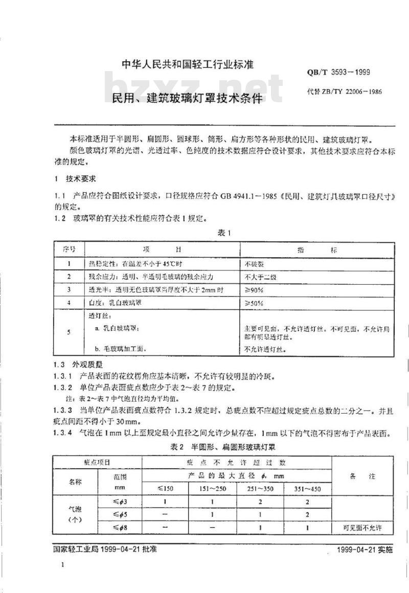 QB/T 3593-1999 民用、建筑玻璃灯罩技术条件