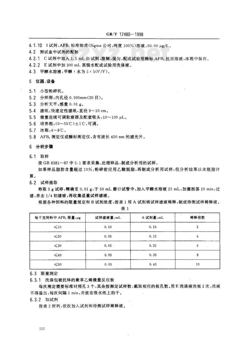 GB/T 17480-1998 饲料中黄曲霉毒素B1的测定 酶联免疫吸附法