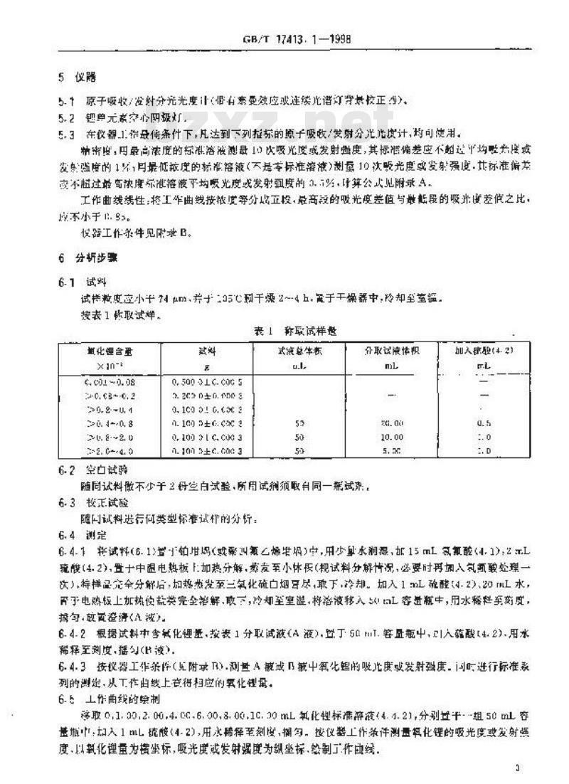 GB/T 17413.1-1998 锂矿石、铷矿石、铯矿石化学分析方法 火焰原子吸收/发射分光光度法测定锂量