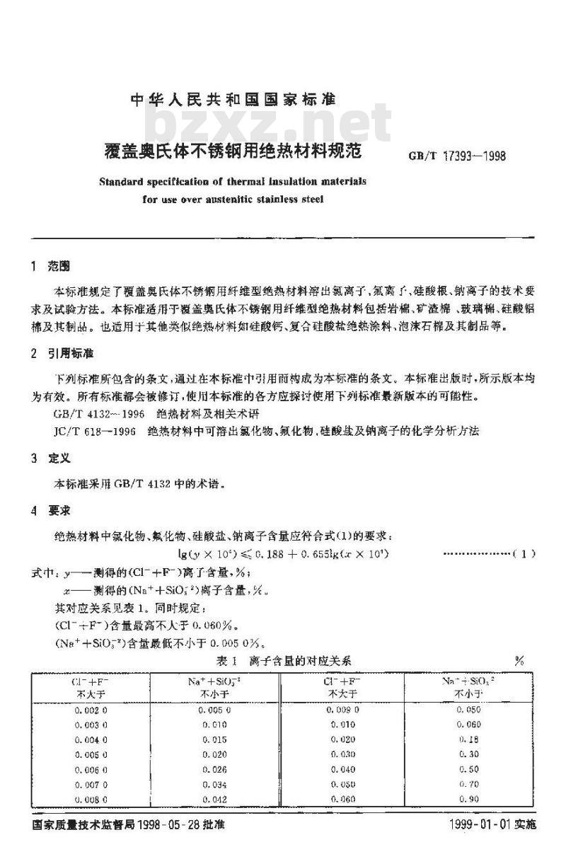GB/T 17393-1998 覆盖奥氏体不锈钢用绝热材料规范