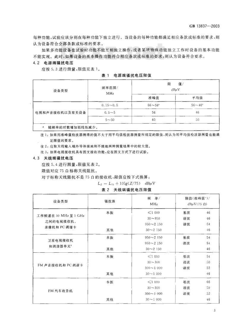 GB 13837-2003 声音和电视广播接收机及有关设备无线电骚扰特性限值和测量方法