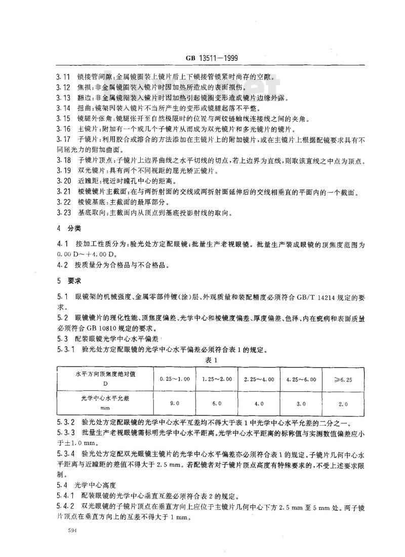 GB 13511-1999 配装眼镜
