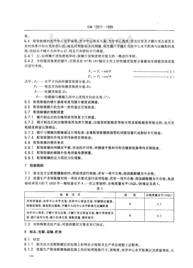 GB 13511-1999 配装眼镜