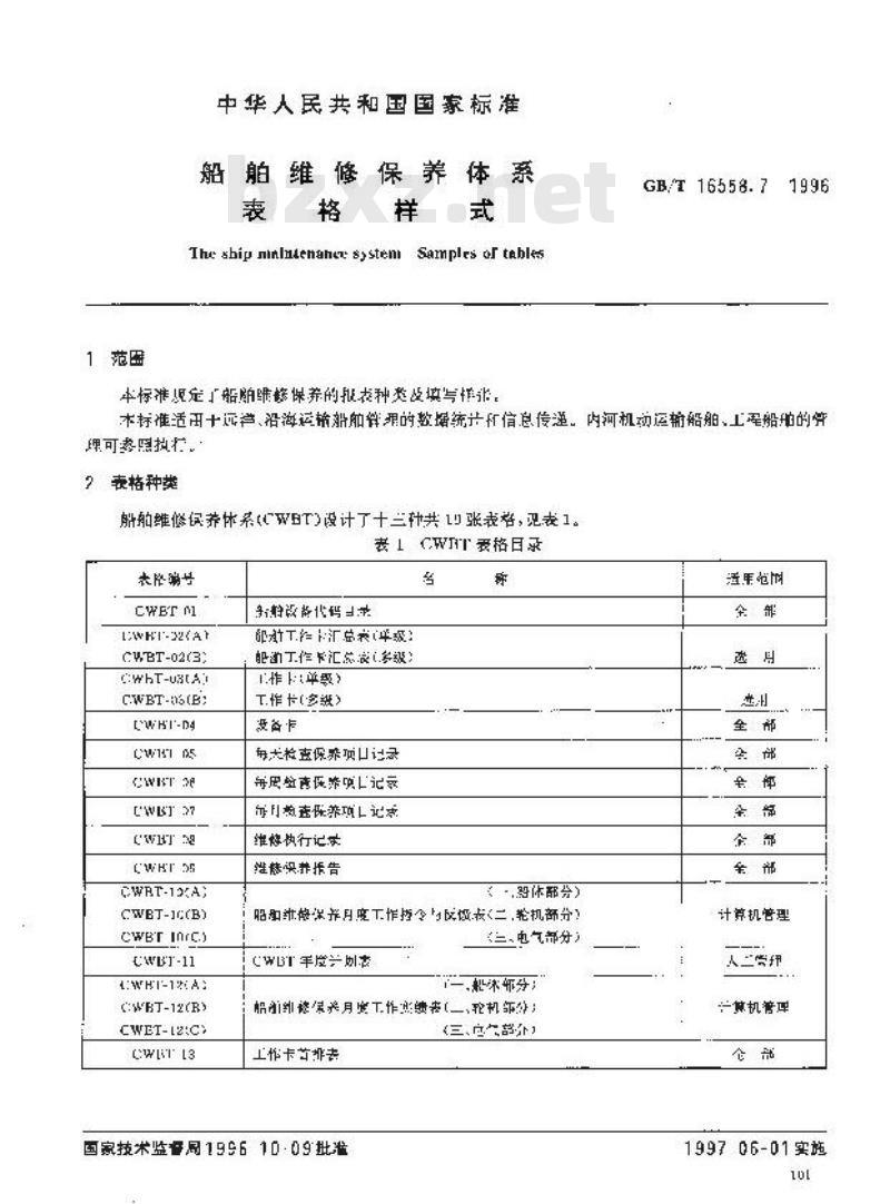 GB/T 16558.7-1996 船舶维修保养体系 表格样式