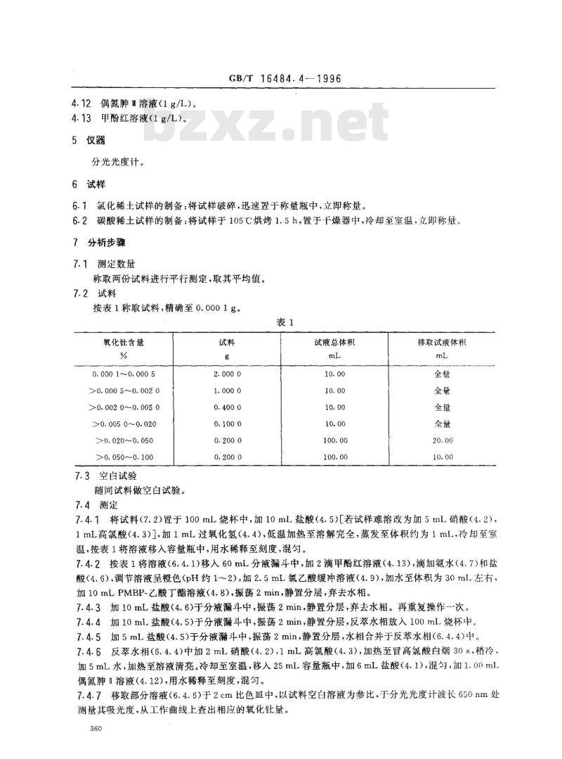 GB/T 16484.4-1996 氯化稀土、碳酸稀土化学分析方法 氧化钍量的测定