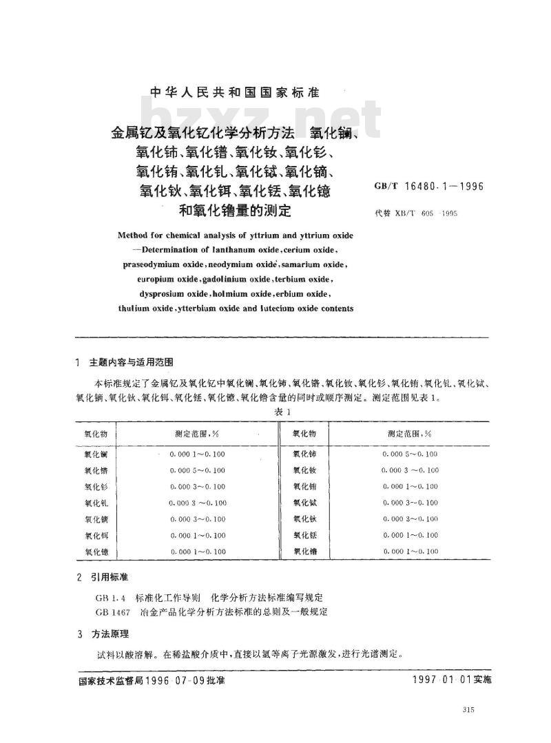 GB/T 16480.1-1996 金属钇及氧化钇化学分析方法 氧化镧、氧化铈、氧化镨、氧化钕、氧化钐、氧化铕、氧化钆、氧化铽、氧化镝、氧化钬、氧化铒、氧化铥、氧化镱和氧化镥量的测定