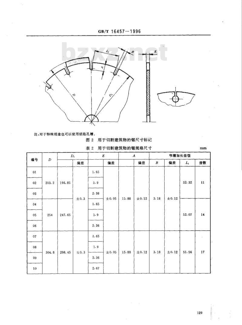 GB/T 16457-1996 超硬磨料制品 切割石材和建筑物用锯片 钢基体尺寸