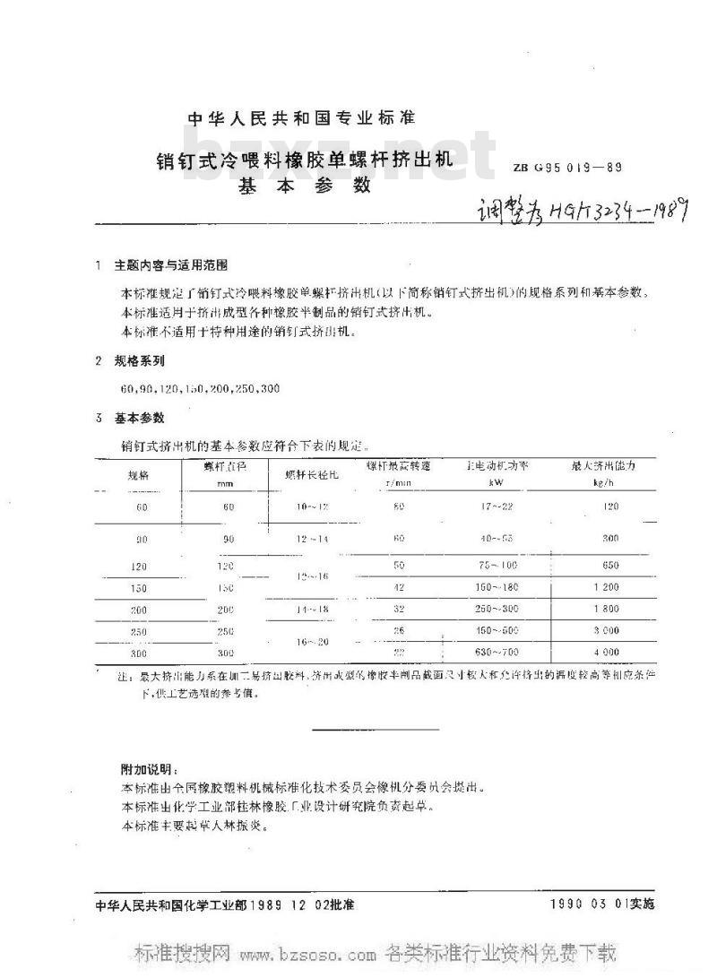 HG/T 3234-1989 销钉式冷喂料橡胶单螺杆挤出机基本参数