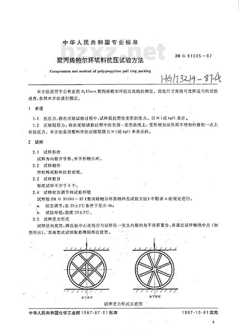 HG/T 3214-1987 聚丙烯鲍尔环填料抗压试验方法