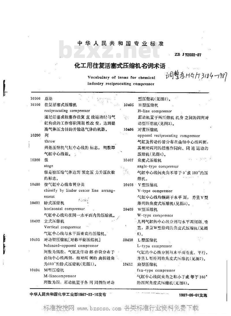 HG/T 3184-1987 化工用往复活塞式压缩机名词术语