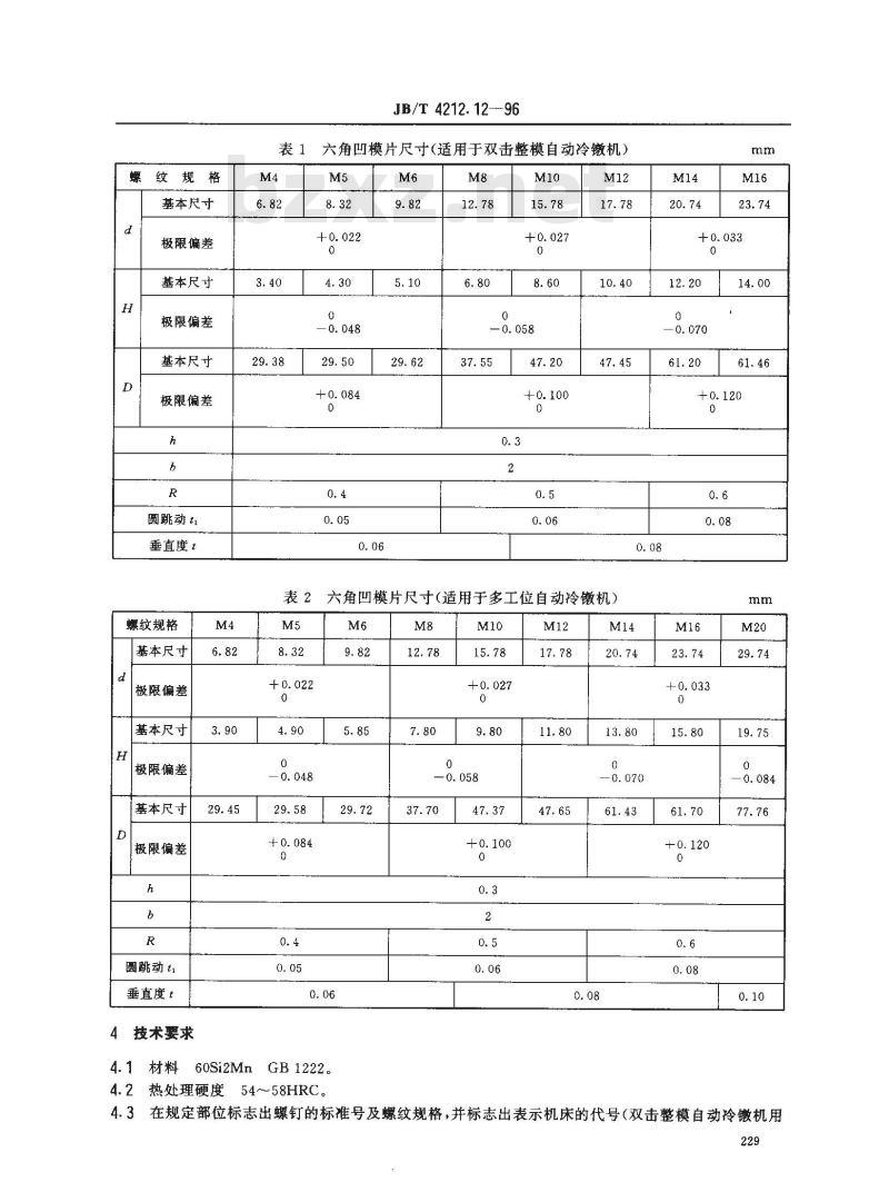 JB/T 4212.12-1996 冷镦内六角圆柱头螺钉模具 六角凹模片