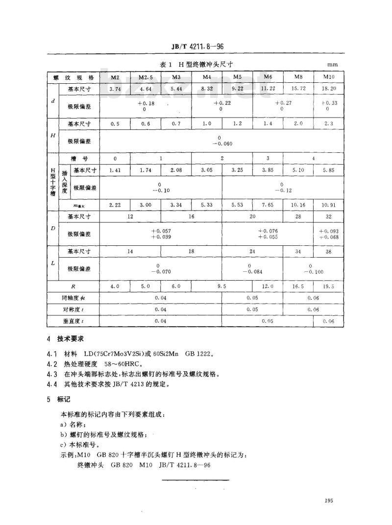 JB/T 4211.8-1996 冷镦螺钉模具 终镦冲头 H型
