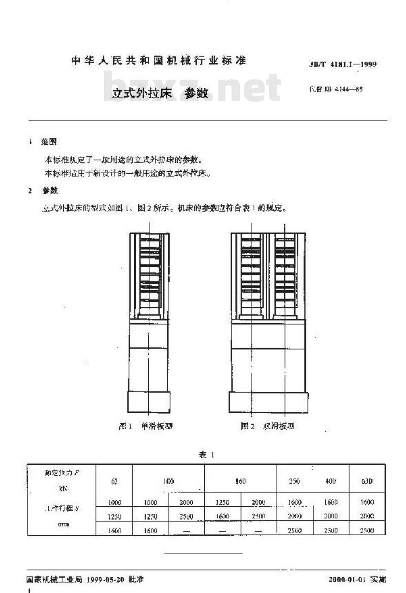 JB/T 4181.1-1999 立式外拉床 参数