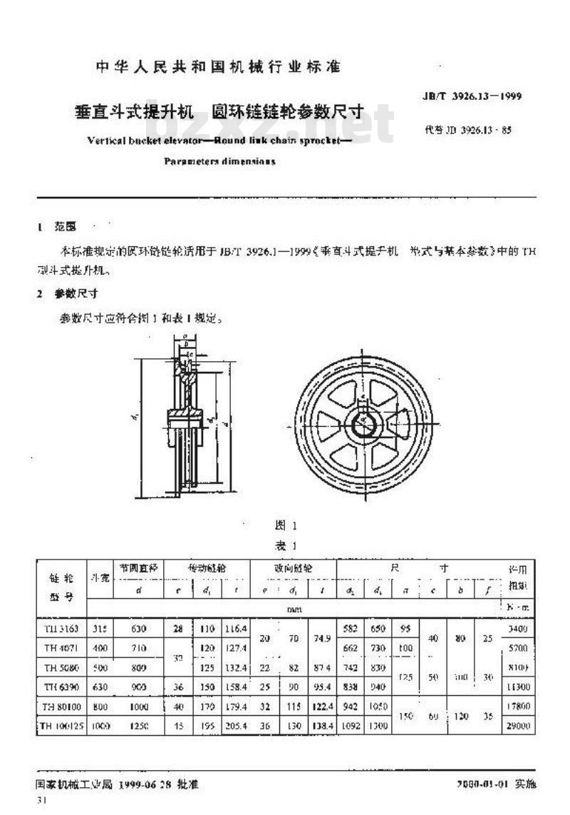 JB/T 3926.13-1999 垂直斗式提升机 圆环链链轮参数尺寸