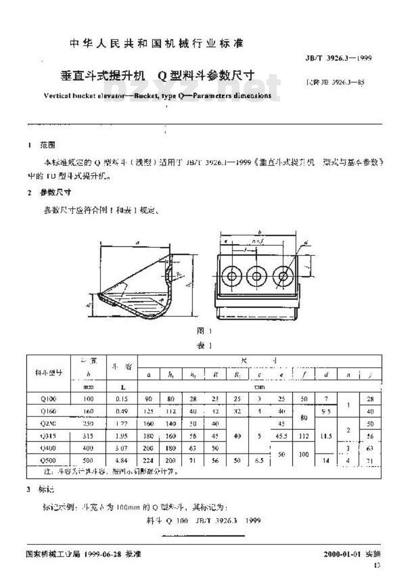 JB/T 3926.3-1999 垂直斗式提升机 Q 型料斗参数尺寸