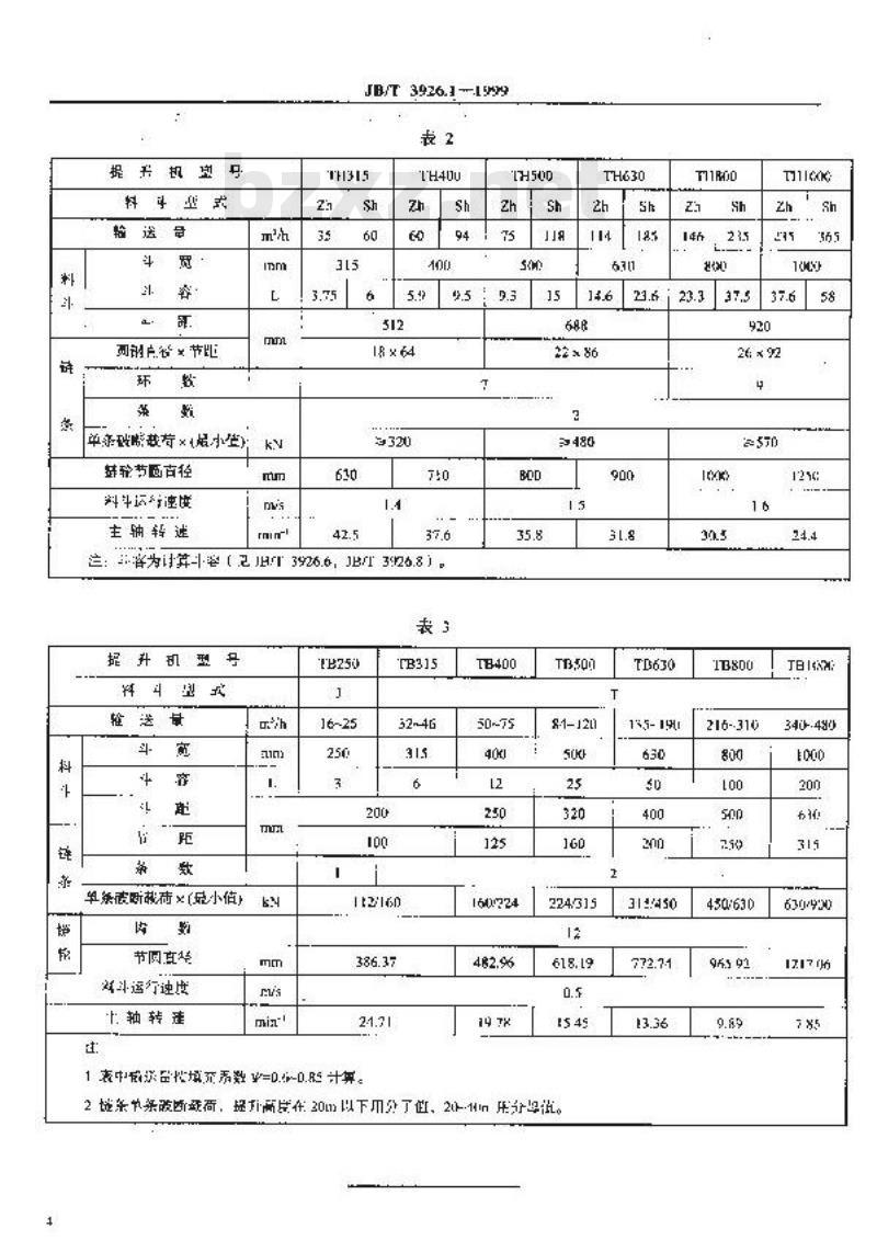 JB/T 3926.1-1999 垂直斗式提升机 型式与基本参数