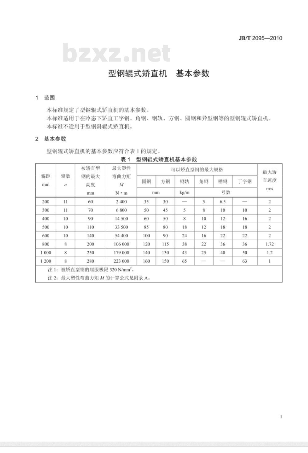 JB/T 2095-2010 型钢辊式矫直机 基本参数