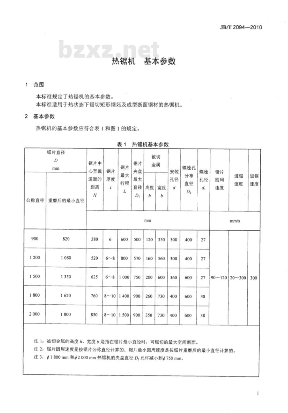 JB/T 2094-2010 热锯机 基本参数