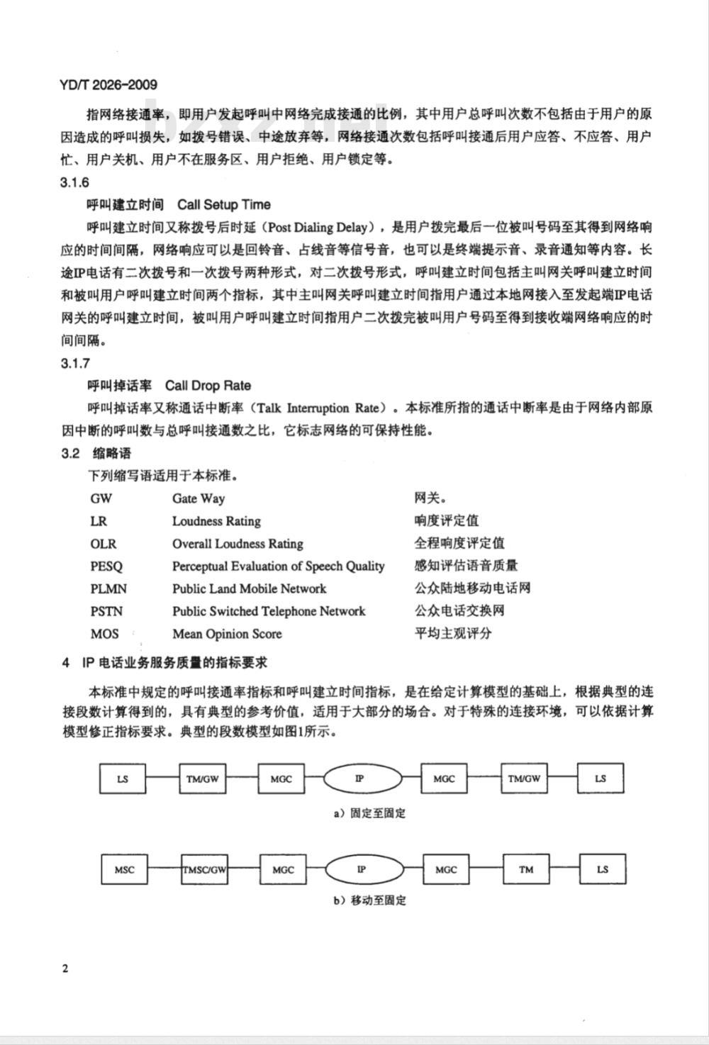 YD/T 2026-2009 IP语音业务服务质量技术要求与评估方法
