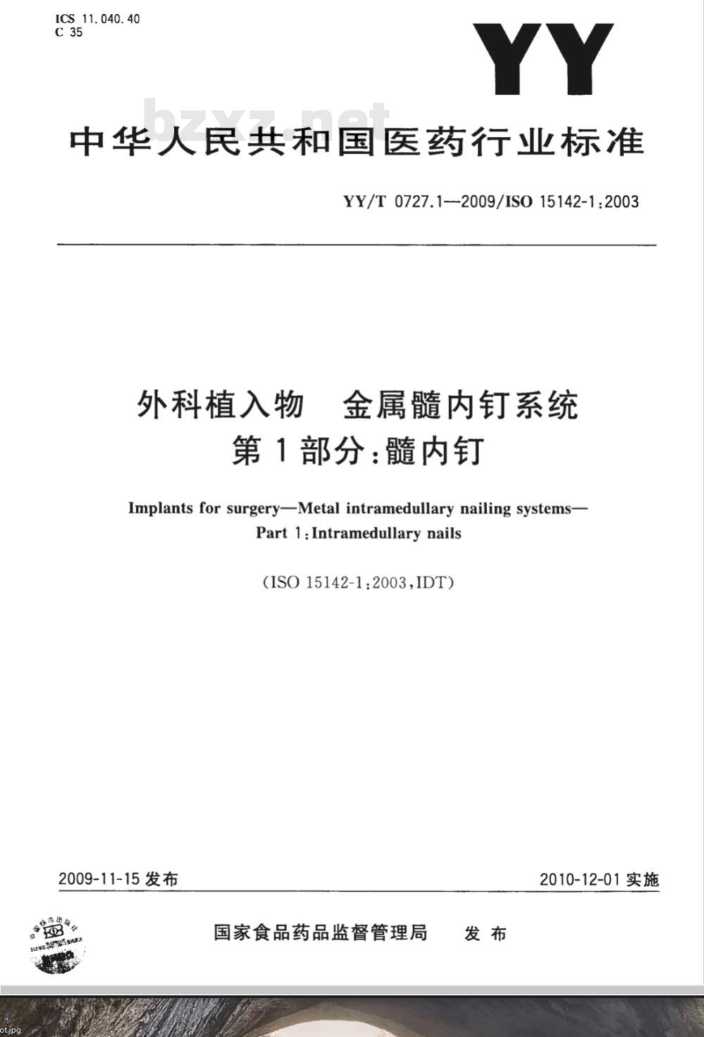 YY/T 0727.1-2009 外科植入物 金属髓内钉系统 第1部分：髓内钉