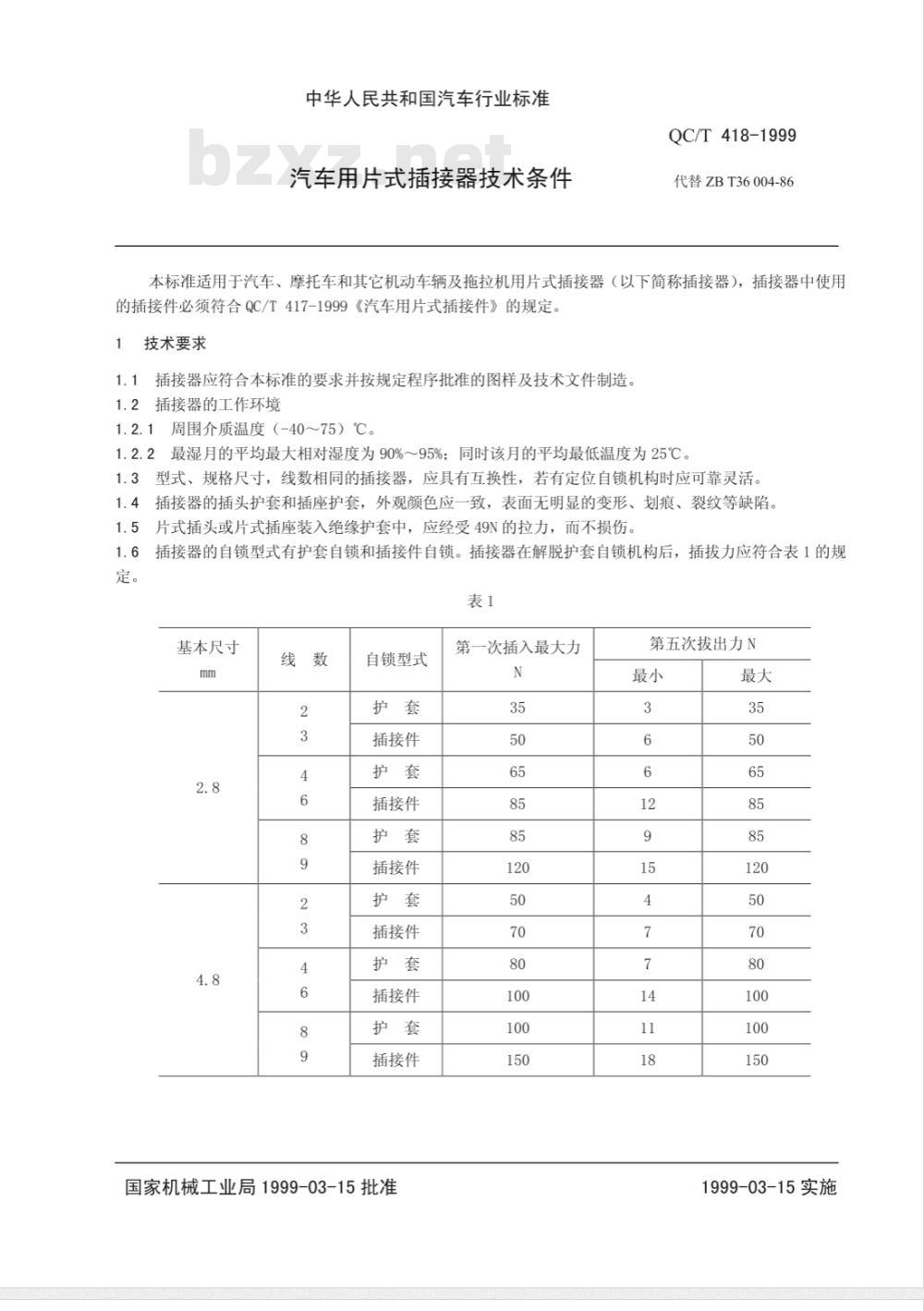 QC/T 418-1999 汽车用片式插接器技术条件