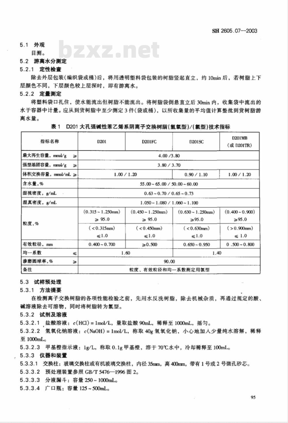 SH 2605.07-2003 D201大孔强碱性苯乙烯系阴离子交换树脂(附附录)