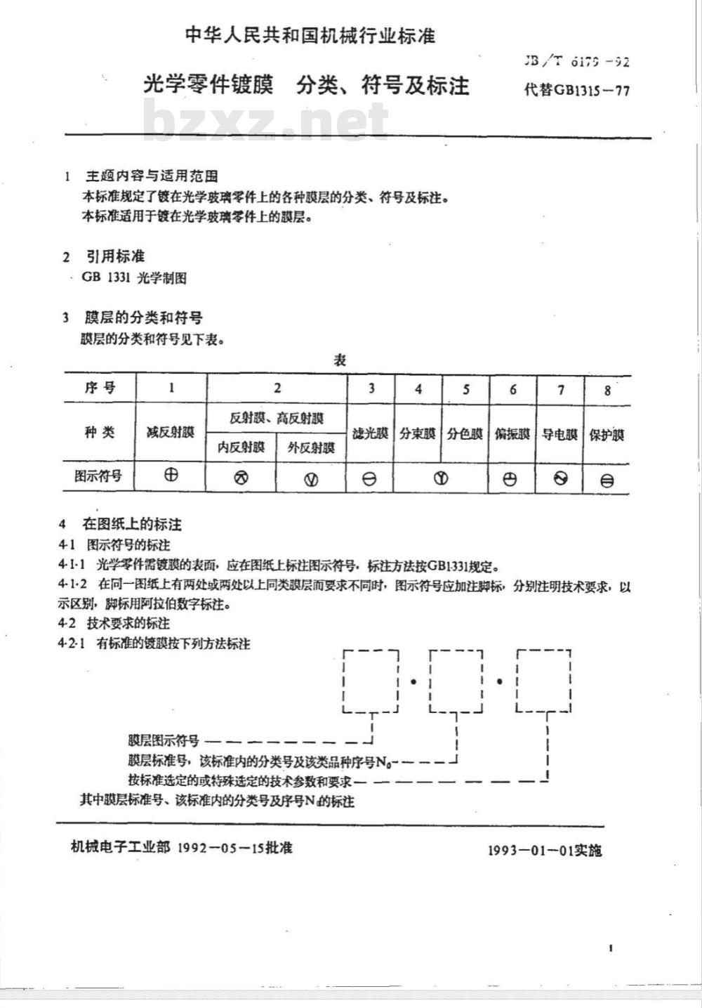 JB/T 6179-1992 光学零件镀膜 分类、符号及标注