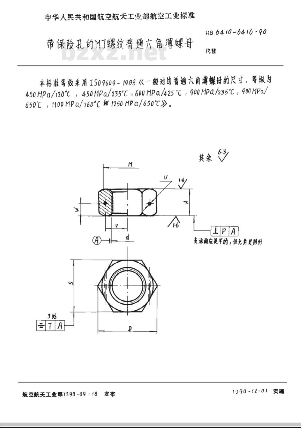 HB 6413-1990 带保险孔的ＭＪ螺纹普通六角薄螺母