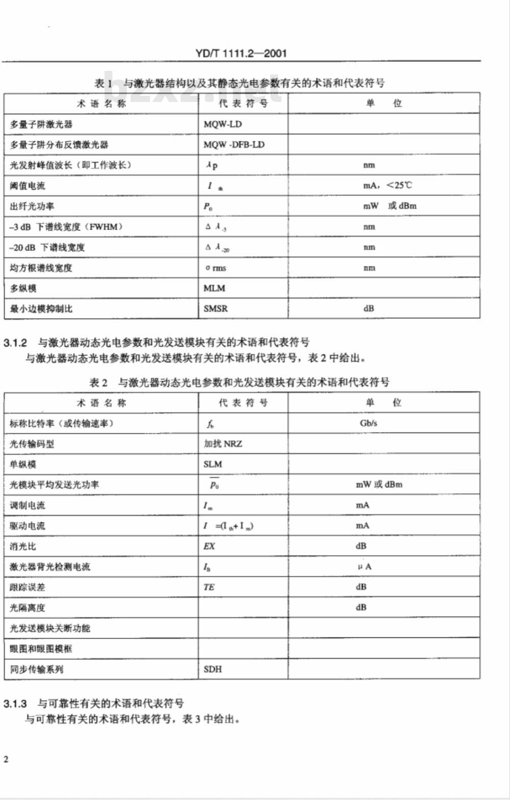 YD/T 1111.2-2001 SDH光发送/光接收模块技术要求-2.488320Gb/S光发送模块