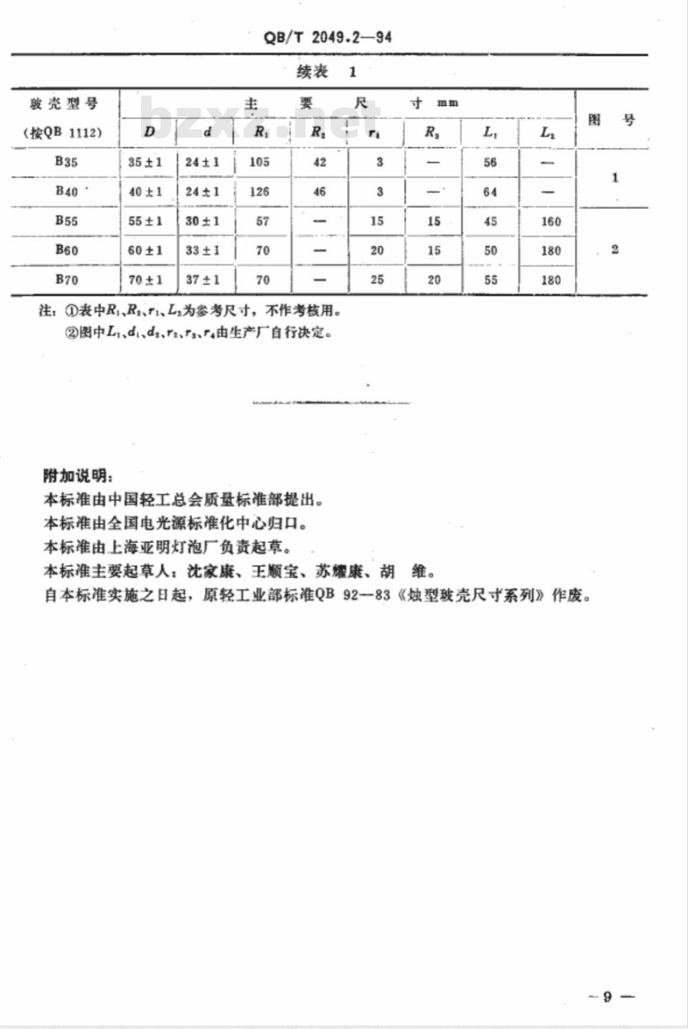 QB/T 2049.2-1994 电光源玻壳Ｂ型玻壳尺寸系列