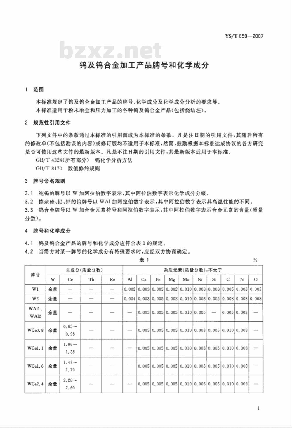 YS/T 659-2007 钨及钨合金加工产品牌号和化学成分