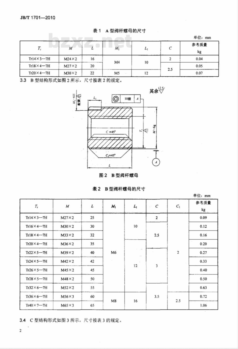 JB/T 1701-2010 阀门零部件 阀杆螺母
