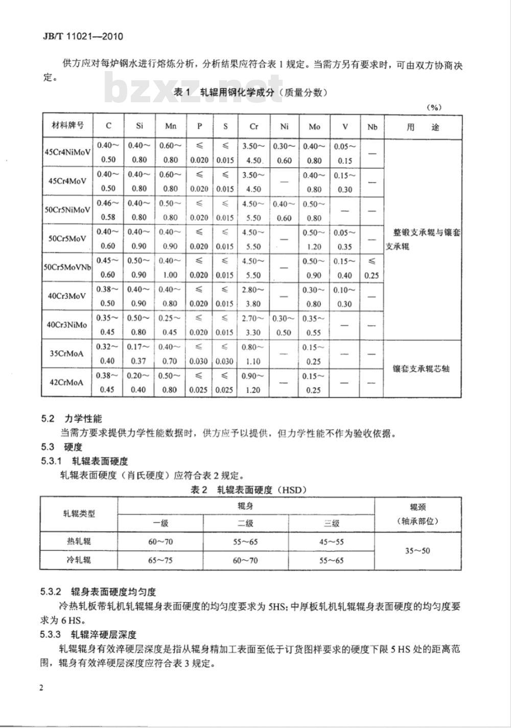 JB/T 11021-2010 大型高铬锻钢支承辊 技术条件