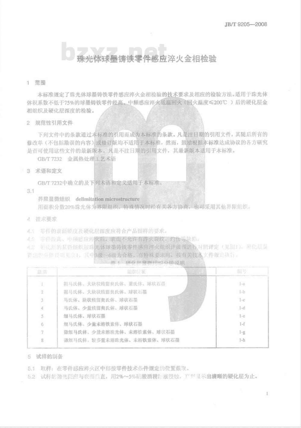 JB/T 9205-2008 珠光体球墨铸铁零件感应淬火金相检验