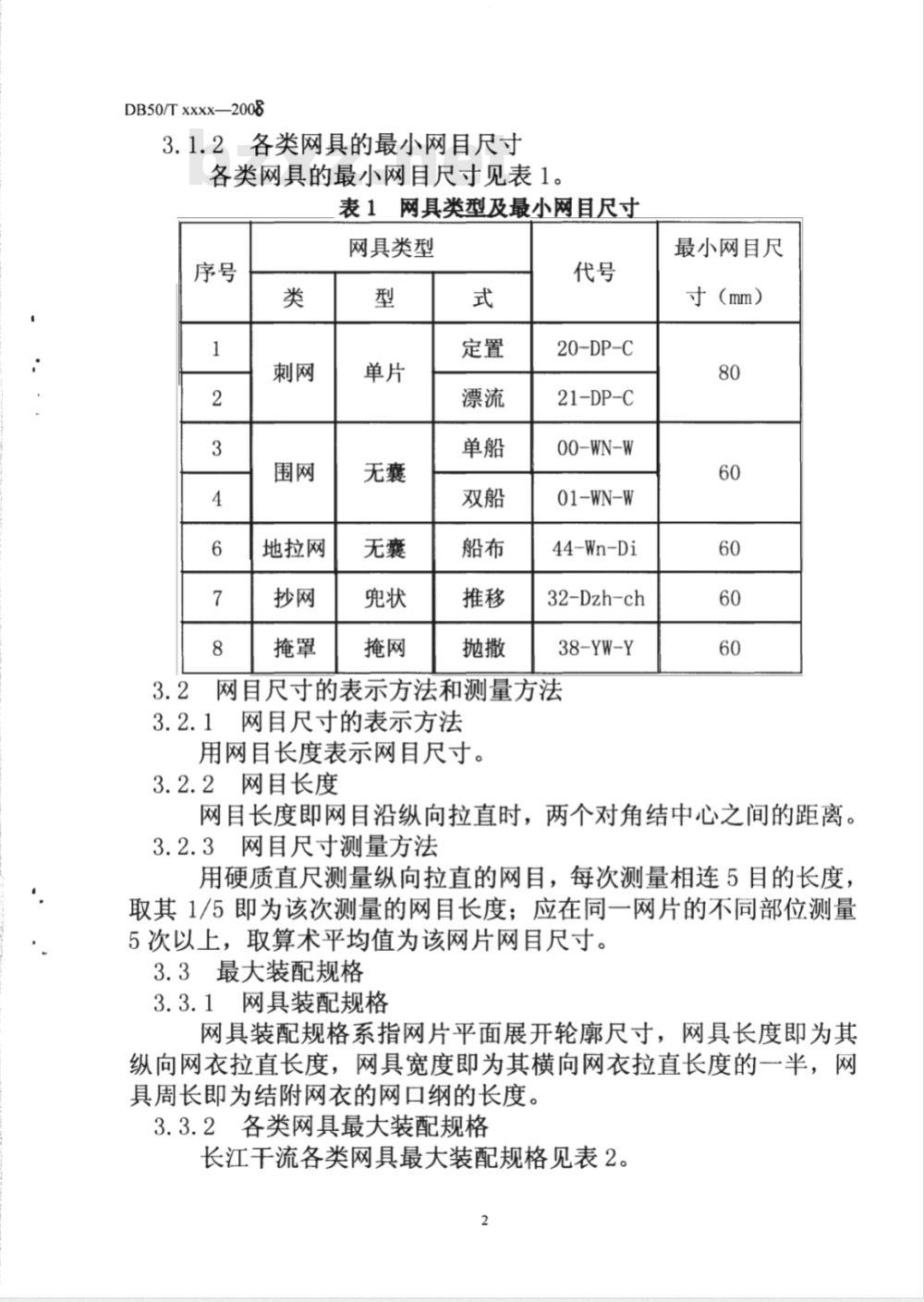 DB50/T 290-2008 重庆市天然水域捕捞网具规格及尺寸