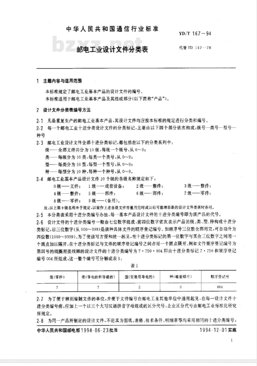 YD/T 167-1994 邮电工业设计文件分类表